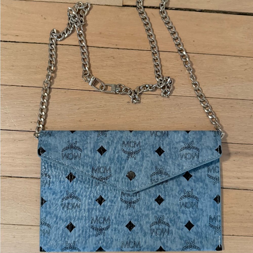MCM Blue Monogram Clutch with Silver Chain